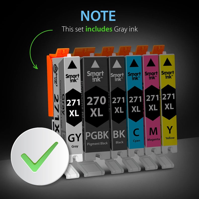 Smart Ink خراطيش حبر متوافقة ذكية بديلة لطابعة كانون بيكسما PGI-270XL PGI 270 XL CLI-271XL CLI 271 مجموعة 6 عبوات لطابعة كانون TS9020 TS8020 MG7720 (1 PGBK و 1 أسود/رمادي/سماوي/أرجواني/أصفر) - Image 2